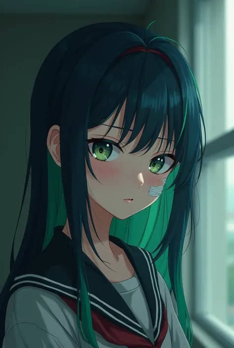 A high school student，10 strands of hair dyed green or dark blue，The left eye is wrapped with a bandage，Anime style，Full body shot，No background，（Best quality，4K，8k，high resolution，masterpiece：1.2），Ultra Detail，（Realism，照片Realism：1.37），portrait，Film Lighti...