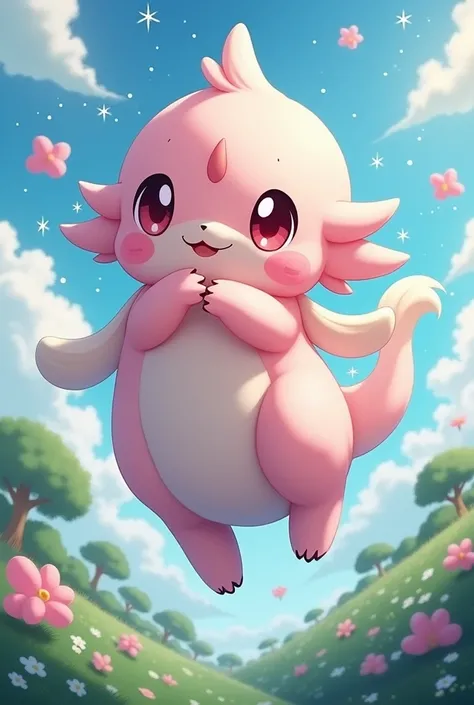 Pokémon，big eve on main，adolable，Beautiful fusion monster，Fantastical pink colors，Natural, flying on the sky with your waist crossed, Ghibli style, dreamy and sparkly landscape