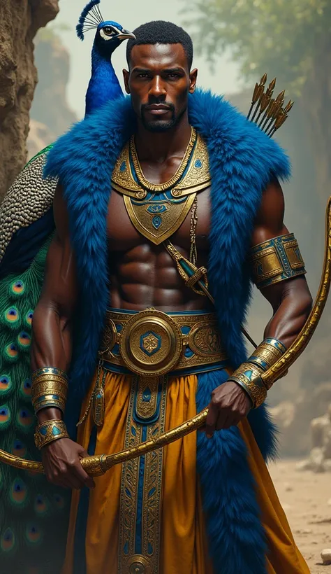 African man with dark skin and very handsome, wearing a tribal African outfit made of blue and gold fur, holding a golden bow and arrow, with a peacock behind him,undefined, undefined, undefined, undefined, undefined, undefined, 