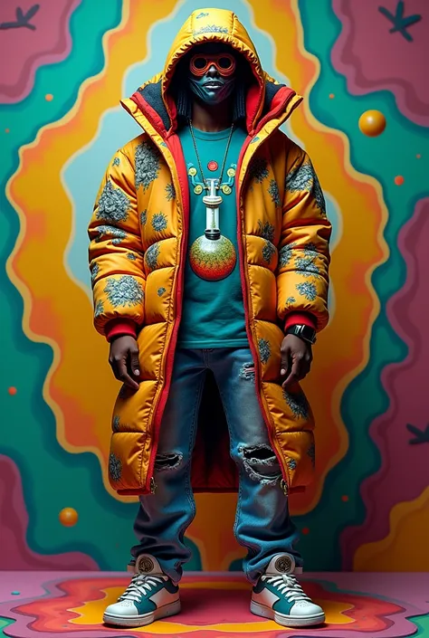 design a 3d puff coat with vibrant stoner clothes. the middle of the puff coat is a anti-gravity bong character with indica floating inside. design matching jeans and t-shirt for the hoodie. design a matching skimask, and create stylish shoes to fit the th...