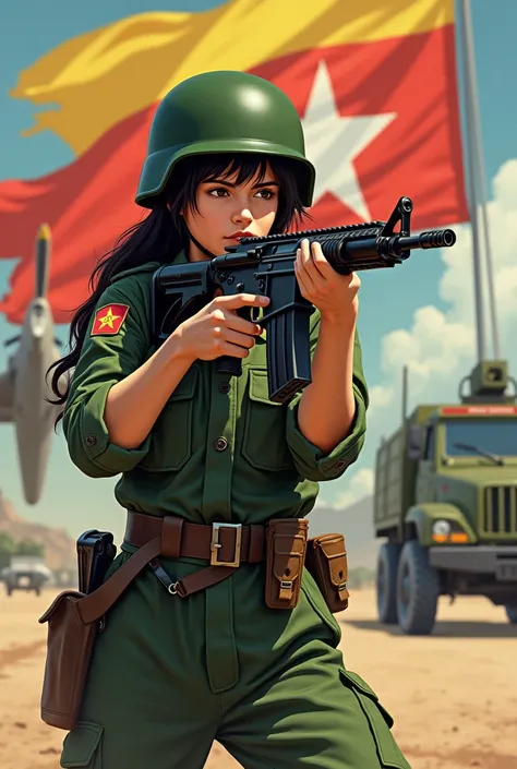 A soldiergirls  (shooting gun)(practice shoot) with myanmar flag contain aeroplane and contain A military vehicleand 