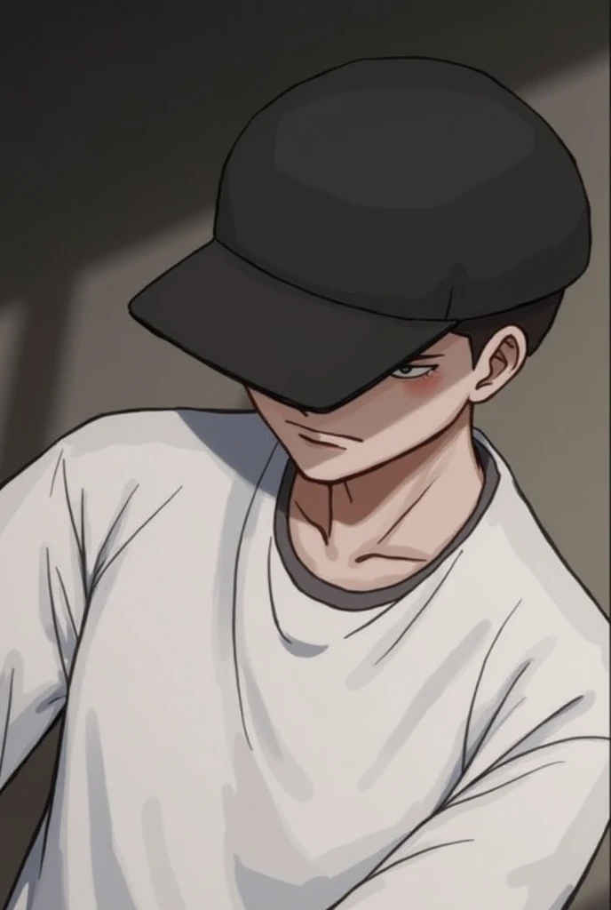 photo ultra realistic, head of a man wearing a cap, taking the boner, head down sad, wearing black cap, face covered, darck