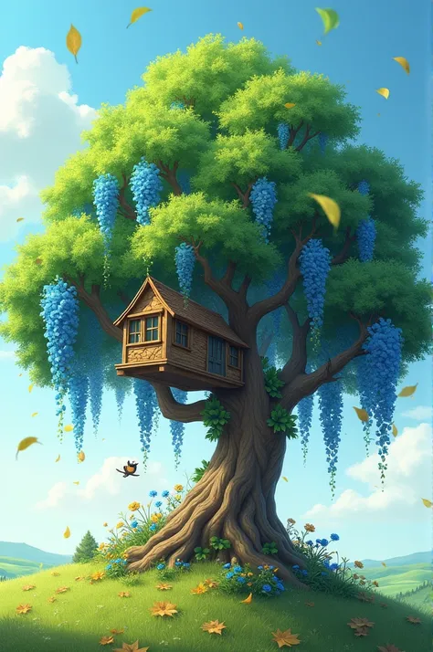 Leafy tree with blue flowers, leaves falling, with a tree house and two little birds 