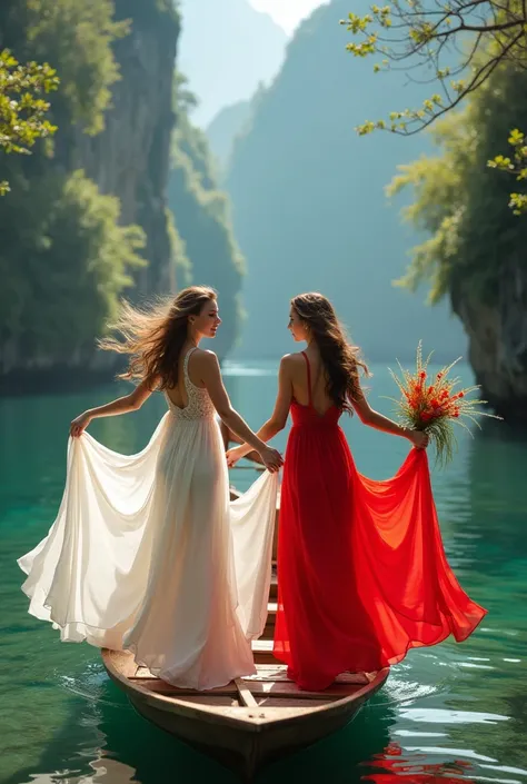 Photoshot of 2 beautiful women wearing red and white dresses and wearing long cloths dancing on a small boat in a very beautiful well while holding very beautiful flowers