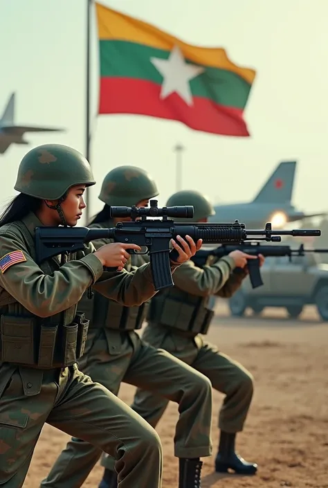 Three soldiergirls  (shooting gun)(practice shoot) with myanmar flag contain aeroplane and contain A military vehicleand 