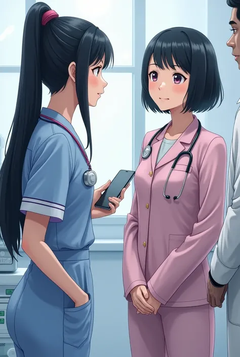 You give me a black-haired nurse, long hair up, and a young lady with short black hair dressed in pink and a doctor talking, that it be more real