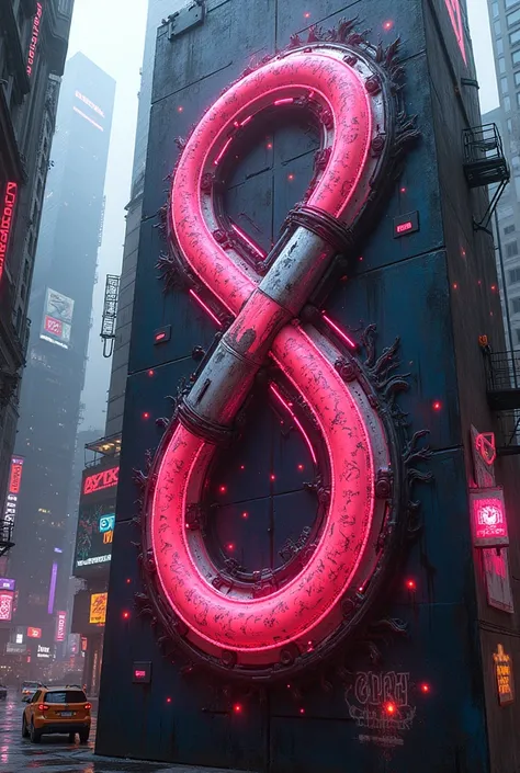 Create a Graffiti using THE INFINITY as slogan and infinity logo in cyberpunk style 