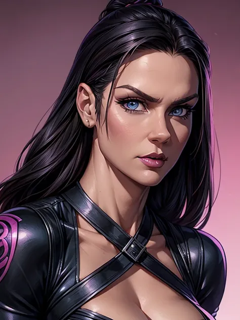 rhea seehorn, psylocke, beautiful woman, long black hair, blue eyes and psylocke outfit, double katanas, cleavage, pink lip glos...