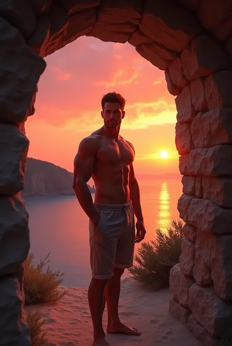 A handsome man in a stone den standing by the sea shirtless in the sunset sun red sky 