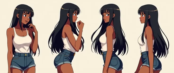 Give me an image of one in 4 different poses and expressions of the same 20-year-old female character, but I want her to be black in anime form to be a visual novel character., In the image I want her full body and with black skin and long black straight h...