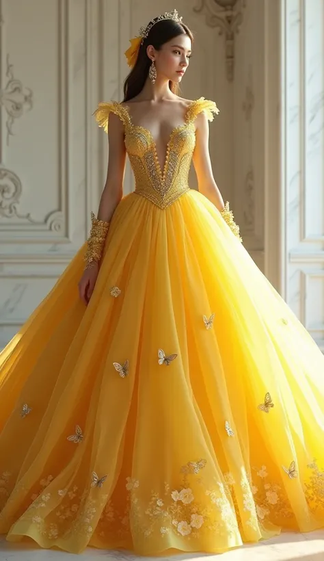 The new yellow crystal wedding dress i s filled with multi-layer tulle, European-style white patterned marble background wall, fairy tale palace style, and oversized skirt. The neckline and cuffs are decorated with cutout lace elements and jewelry, and the...