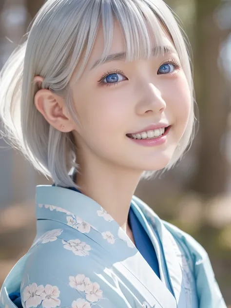 NSFW,Correct human anatomy,Japanese hairstyle,a young beautiful Japanese girl with short platinum silver hair,large pale blue eyes,droppy eyes,a balanced gaze,and a sweet smile,Nordic beauty,wearing a detailed kimono,highly detailed and realistic, 8k,ultra...