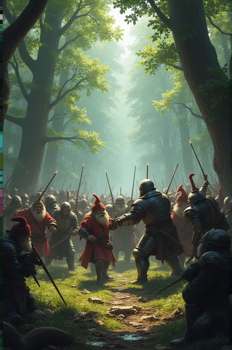 A bloody battle between the gnomes and the knights in a forest 