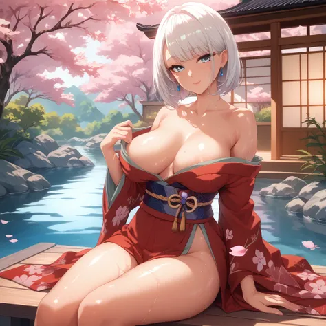 very detailed, MILF, 1 female, short, short white hair, blue eyes, brown skin, big breast, Japanese estate, Japanese court yard, calm face, black and red kimono, beautiful skies, cherry blossom trees, koi pond, perfect legs, wet skin, skin shine perfect sk...