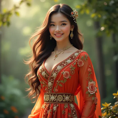 Beautiful Lao princess, high resolution,best quality, high resolution model, long hair, brown hair, chest, chestใหญ่, See the whole body, 18-1, wearing a Lao national costume, standing and posing for a photo, smiling beautifully. 