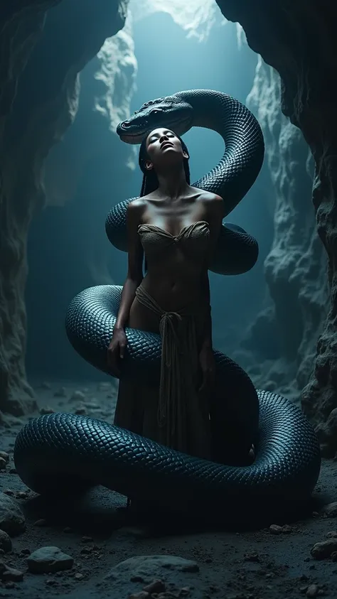 ((A snake swallowing an African woman inside a cave)), high quality, (RAW photo, best quality), (realistic, photorealistic: 1.4), (extremely delicate and beautiful: 1.4), amazing, fine details, masterpiece, ultra detailed, high resolution, best illustratio...