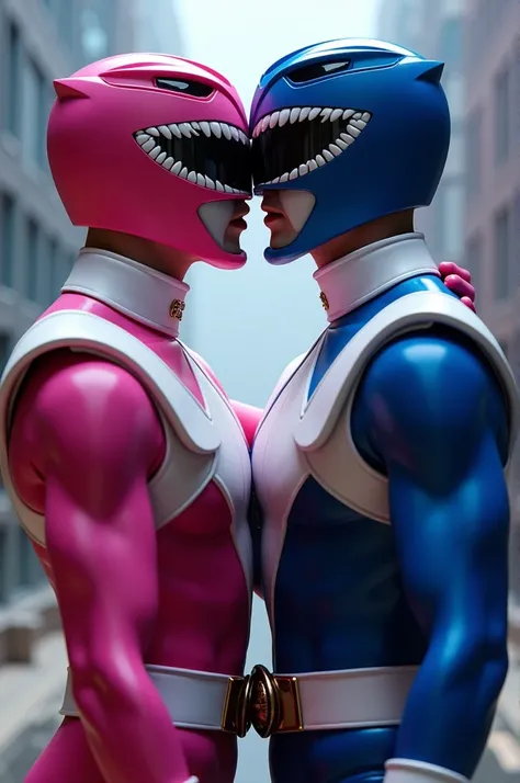 Pink male power ranger with his helmet off standing beside a blue male power ranger with his helmet off. The male power rangers kissing each other.