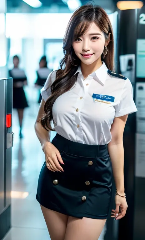 (a youthful gorgeous lady, in a flight stewardess uniform, detailed facial features, smooth skin, high-quality CG artwork, realistic, photo-realistic, RAW photo, 8k, ultra-detailed, masterpiece, beautiful detailed eyes, symmetrical eyes, light brown eyes, ...