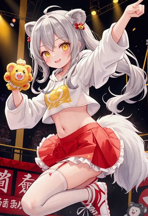  Hololive、Idol、cute、young、Small breasts、Gray Hair、Long Hairstyles、Yellow Eyes、White hoodie、sneakers、Red inner camisole、belly button、on stage、garter belt、skirt、Have、lion dance、White bear、dance、Pause、smile、be happy