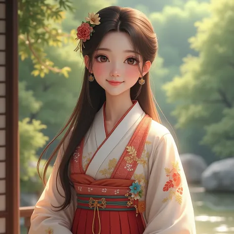 Beautiful Japanese princess, high resolution,best quality, high resolution model, long hair, brown hair, chest, chestใหญ่, See the whole figure, aged 18-19 years, wearing a Japanese national costume, standing and posing for a photo, smiling beautifully. 