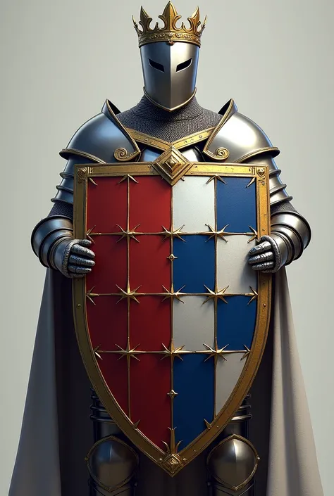 Checkered shield of fifteen pieces, eight of gules and seven of veros of blue and silver, gules border with eight gold blades, silver knight with noble crown on his head