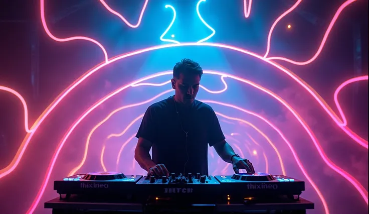 an electronic music DJ, In the background, Neon sound waves coming out of the speakers