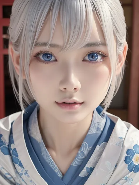 NSFW,Correct human anatomy,1girl, beautiful detailed eyes, beautiful detailed nose, beautiful detailed lips, long eyelashes, delicate asian features, short platinum silver hair, large soft blue eyes, gentle gaze, warm smile, wearing detailed traditional ja...