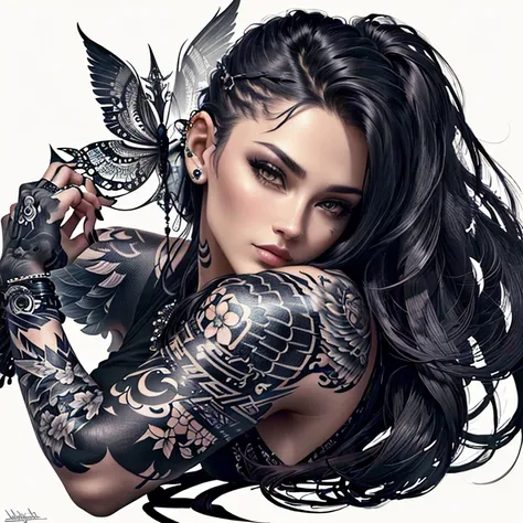 Close up of woman with tattoos on her arms, beautiful works of art, detailed woman, stunning artwork, black and grey Tattoo style, beautiful drawing style, extremely detailed woman, signed, cutting, Tattoo style, Stunning drawing, tattoos and piercings, Th...