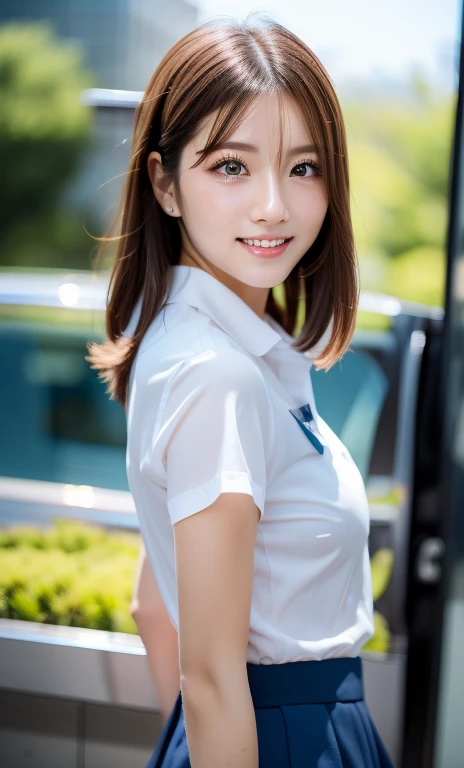 a youthful gorgeous lady, in a flight stewardess uniform, detailed facial features, smooth skin, high-quality CG artwork, realistic, photo-realistic, RAW photo, 8k, ultra-detailed, masterpiece, beautiful detailed eyes, symmetrical eyes, light brown eyes, d...