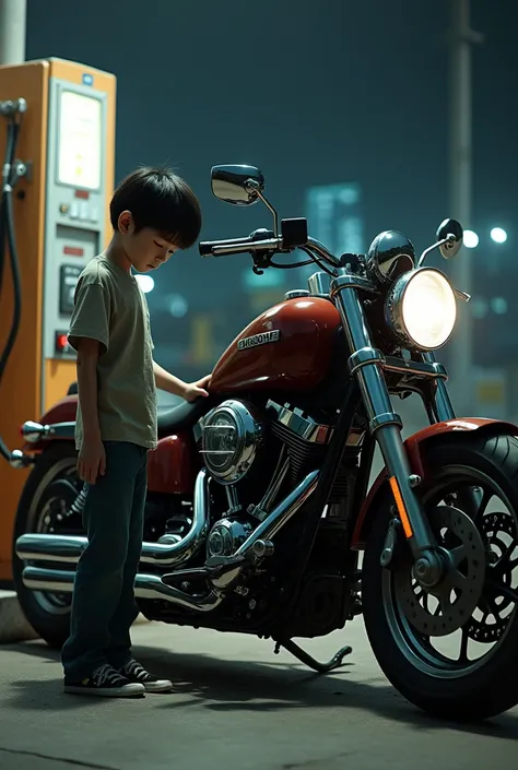 An Asian cute boy is refueling a cruiser motorbike, high quality real pics 