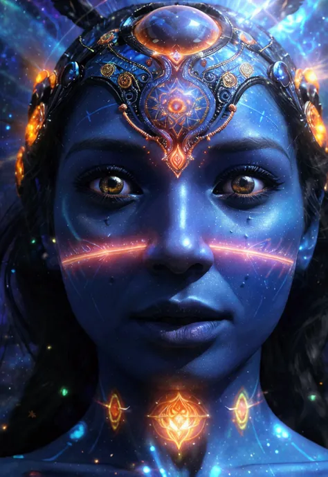 ultrarealistic and extremely detailed, Samuel Farrand like artwork, depicting a female extradimensional alien cyborg entity, perfect facial attributes, perfect eyes, perfect lips, Carribean goddess, ancient geometry, akashic record, intricate and detailed ...