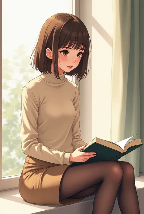 a beaitiful girl with shoulder length brown hair, side left bangs, brown eyes, cute, delicate, innocent face, slim figure with large chest wearing a beige turtle neck knit sweater, light brown fitted skirt with sheer black tights. In korean manhwa art styl...