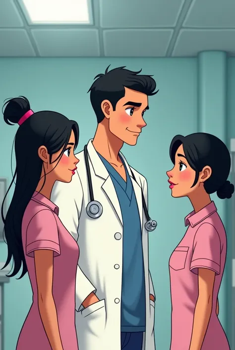 It generates an image for me, of a black-haired nurse with long, tied-up hair and a young lady dressed in pink talking to a tall, male doctor, but use faces that are more real,  detailed and more like Latin American cartoons and that they are concerned 