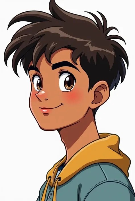 Profile image of a teenage boy named Caleb Smith with brown skin, short dark brown hair, and light brown eyes. He has an athletic build and a curious, mischievous expression. The style blends 1980s comic book art with 1980s anime. The background should be ...