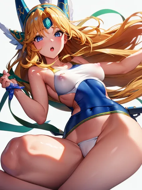  (White background, 1girl:1.4), BREAK,Long blonde hair, blue eyes,Narrow waist,voluptuous Breasts,(one-piece competitive swimwear,one-piece competition swimsuit:1.6), blush,Open your mouth,(covered nipples:1.2)