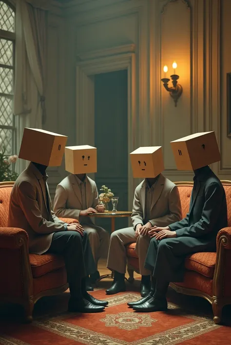 Living room with people with cube heads talking.



