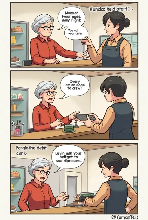 comic strip about old woman, ordering in the counter her food, meanwhile when proceeding to the payment old woman forgot her cash, so using debit card as payment but not much familiar how to use it, so the crew guide the customer to make easier, faster tra...