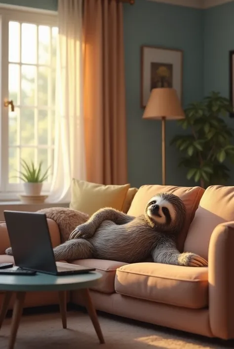 A sloth sits lazily on the living room sofa、A scene of someone surfing the web while looking at a laptop。Relax、Cushions and remote controls are scattered around