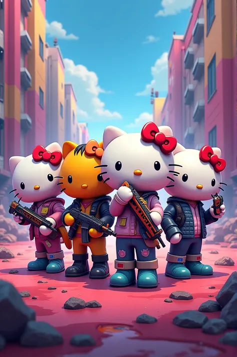 I want an image similar to Hello kitty but I wanted it as if it were in a free fire battle I want 4 characters as if it were a line cover