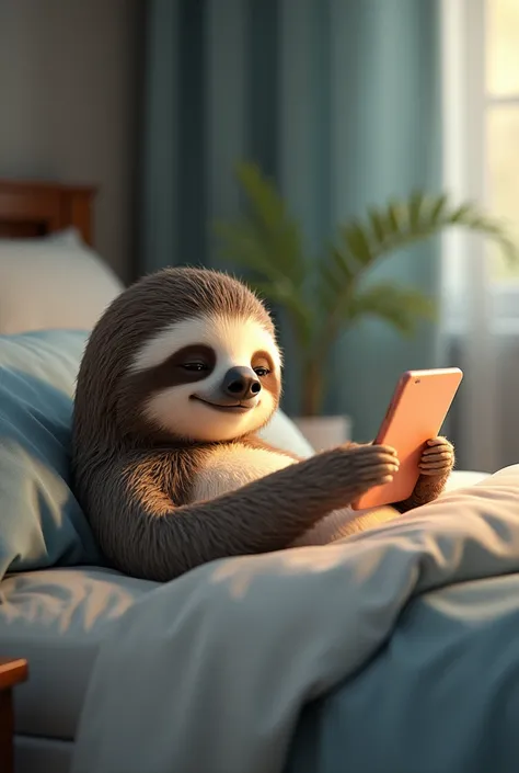 A scene of a sloth lying on his bed playing with his smartphone。In a sloppy pose、He looks half asleep and is concentrating on his smartphone screen.