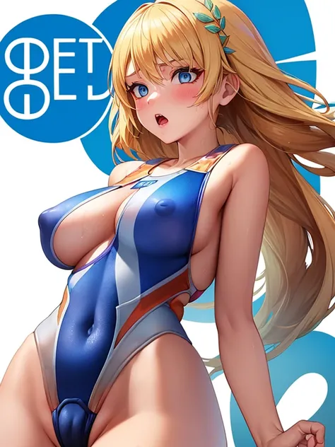  (White background, 1girl:1.4), BREAK,Long blonde hair, blue eyes,Narrow waist,voluptuous Breasts,(one-piece competitive swimwear,one-piece competition swimsuit:1.6), blush,Open your mouth,(covered nipples:1.2)