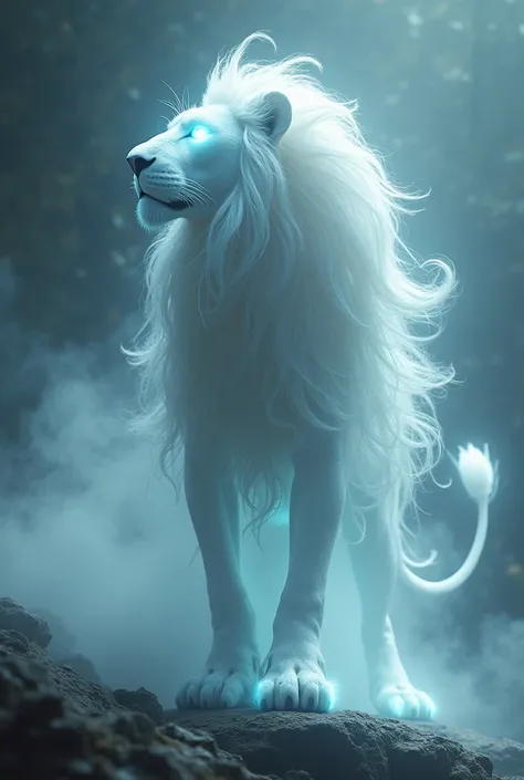 Ghost-Lion fuiosn hybrid: A majestic lion with a ghostly, translucent body. Its mane flows like mist, and its roar echoes as if coming from another realm. The lion can phase through objects and vanish into thin air.