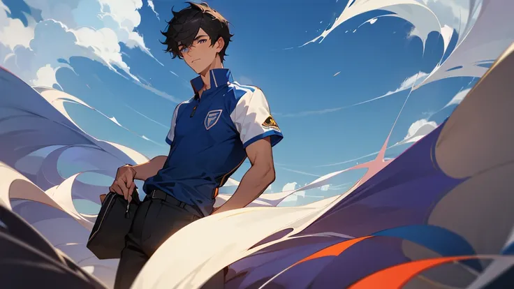 A very handsome high school boy wearing a soccer uniform with his school&#39;s logo on it、Black Hair、Short Hair、Blue sparkling eyes、Schoolyard、Dribble a soccer ball on the field、Goalposts with netting、Sunset、You can see the school building in the backgroun...