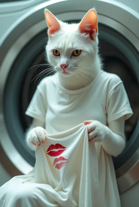 A white female cat in human body wearing a white gown washing clothes in a washing machine she has a white t shirt in hid which has lipstick scars on it 