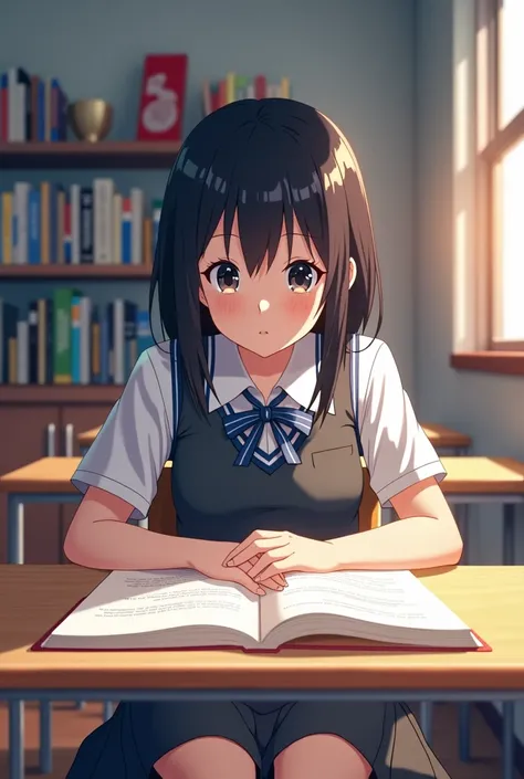 Studying in the classroom、Beautiful girl with short black hair、Wearing a uniform