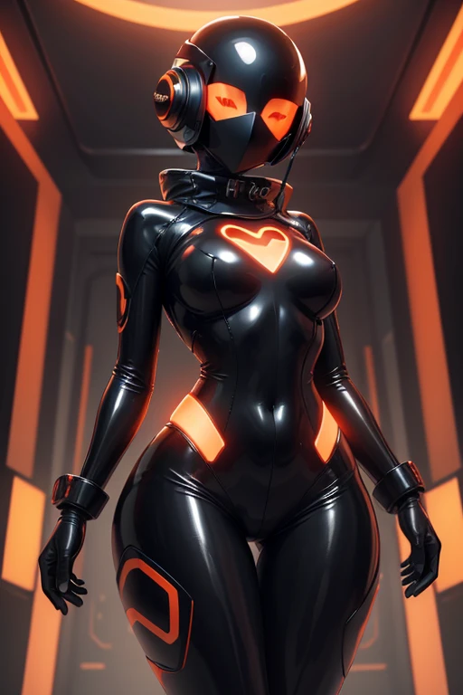 Dronificated unknown girl() in a fully enclosed black burning latex fullbody suit with orange lights across the suit and heart shaped glowing core in the chest, fully enclosed cyber helmet that cover her whole face and hides her identity with only two glow...