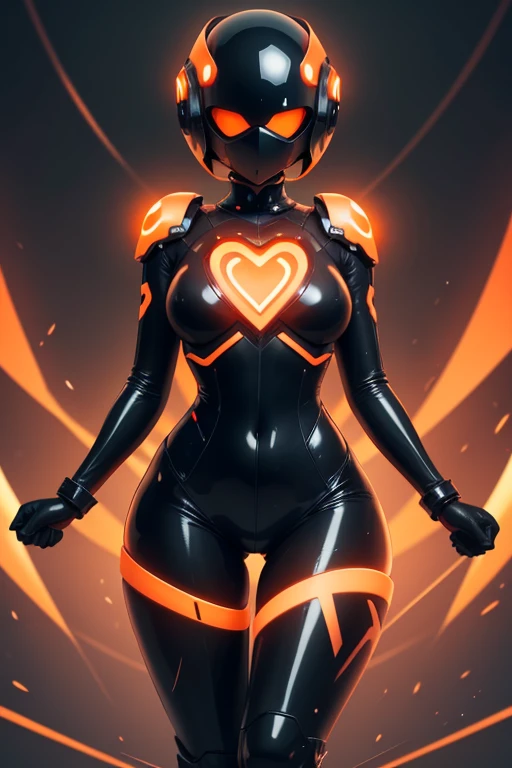 Dronificated unknown girl() in a fully enclosed black burning latex fullbody suit with orange lights across the suit and heart shaped glowing core in the chest, fully enclosed cyber helmet that cover her whole face and hides her identity with only two glow...