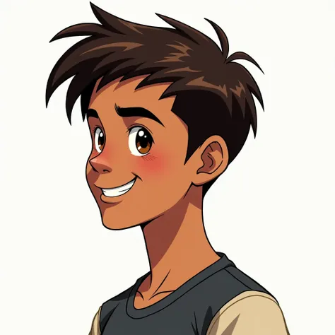 Profile image of a teenage boy named Caleb Smith with brown skin, short dark brown hair, and light brown eyes. He has an athletic build and a curious, mischievous expression. The style blends 1980s comic book art with 1980s anime. The background should be ...