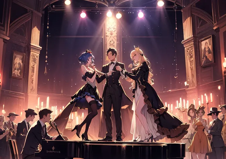 A scene where Disney princess-style characters are playing jazz and swing music on a cabaret band stage with a midnight atmosphere. Dark, mysterious lighting illuminates the stage, and the characters are wearing gorgeous, deep-colored costumes and creating...