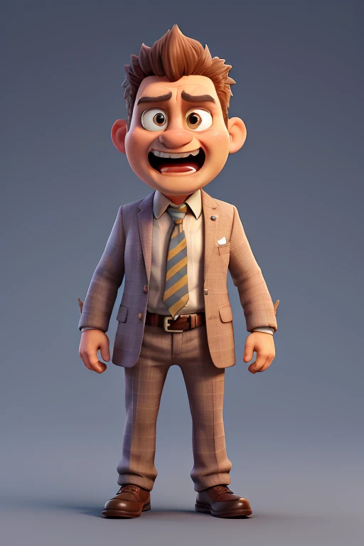 3D character, a irritated boss wearing suit, fanny tie, pointing finger and screaming, cartoon, (best quality, masterpiece, 4k, ultra detailed, sharp focus, 8k, high definition:1.2), (masterpiece: 1.2), clean background